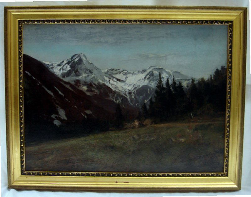 Oil Painting William Keith 1838 - 1911 Mountain: Oil on canvas “Bavarian Alps” signed dated and titled bas droite: W. Keith (1838 - 1911) 1888. Dimensions: approximately 23.5” X 17” (without frame). Note period stretcher with period iron sta
