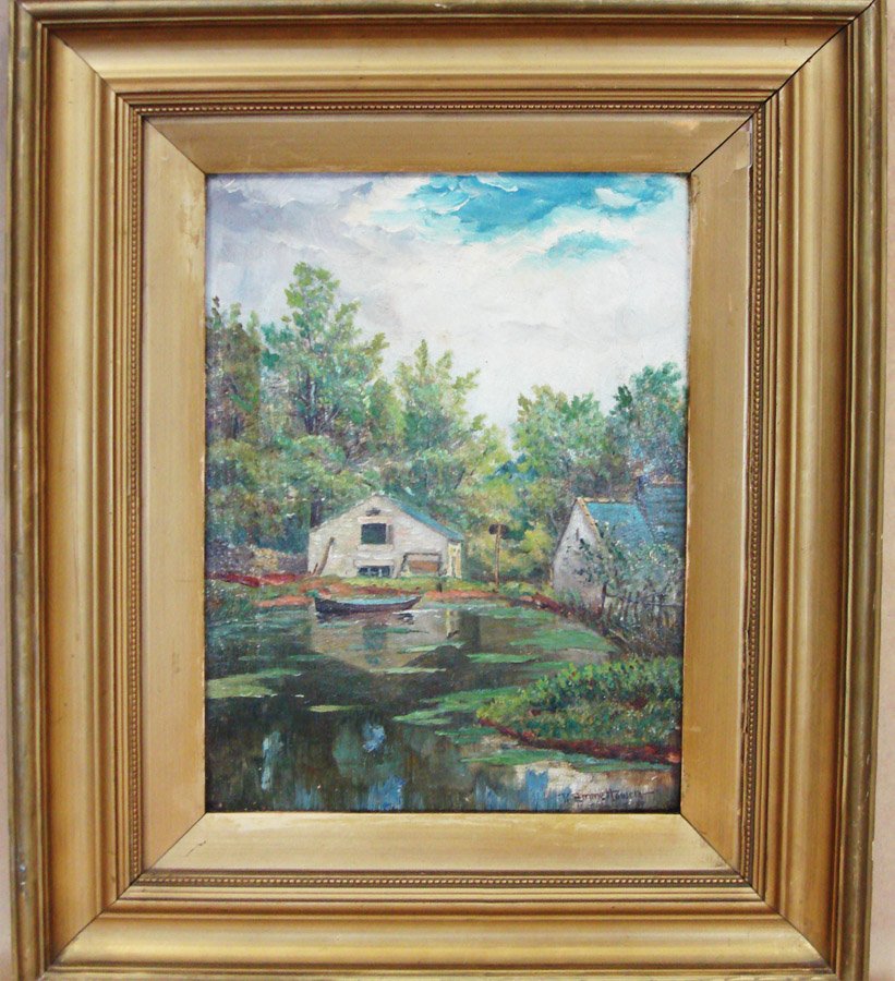 Lake Oil Painting Robert Emmet Owen: Boathouseoil on canvas, signed by Robert Emmett Owen (1878 - 1957) lower right. Dimensions: 14" X 10". From Massachusetts, Owen began studying at the Drury Academy before drawing for Life Magazine, Ha
