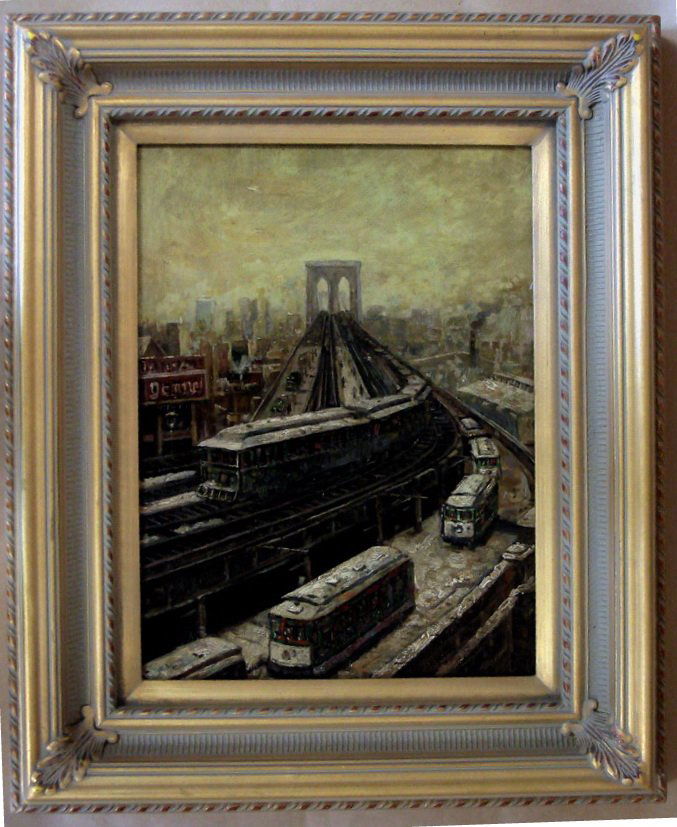 Oil Painting Brooklyn Bridge Trains After Evans: Iconic New York turn of the Century scene, oil on board "Brooklyn Bridge Trains" in the manner of Walker Evans - unsigned. Dimensions: 16.25" X 12". Circa 1907.