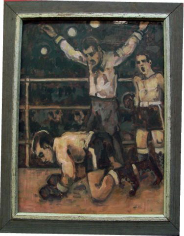 Boxing Oil Painting Louis Schmeling: "Fight of the Century" iconic oil on board painting of the the come back knockout victory of Joe Louis over Max Schmeling in 1938, signed by Arthur Smith (1897 – 1972) lower left. Dimensions: 24" X