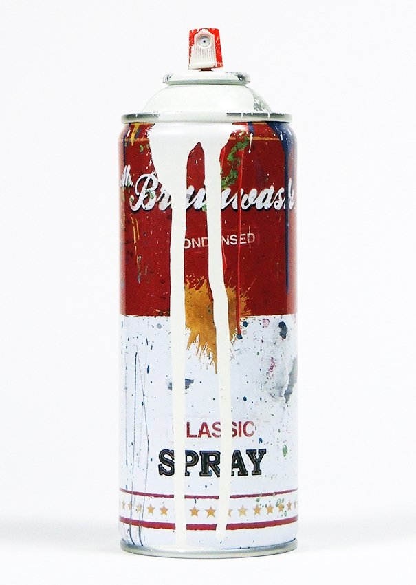 Mr. Brainwash, Thierry Guetta, classic spray, signed: Mr. Brainwash classic spray with dents signed with black paint stick with thump print on the bottom side The artist painted on every spray bottle some extra paint, so that every bottle is unique, even