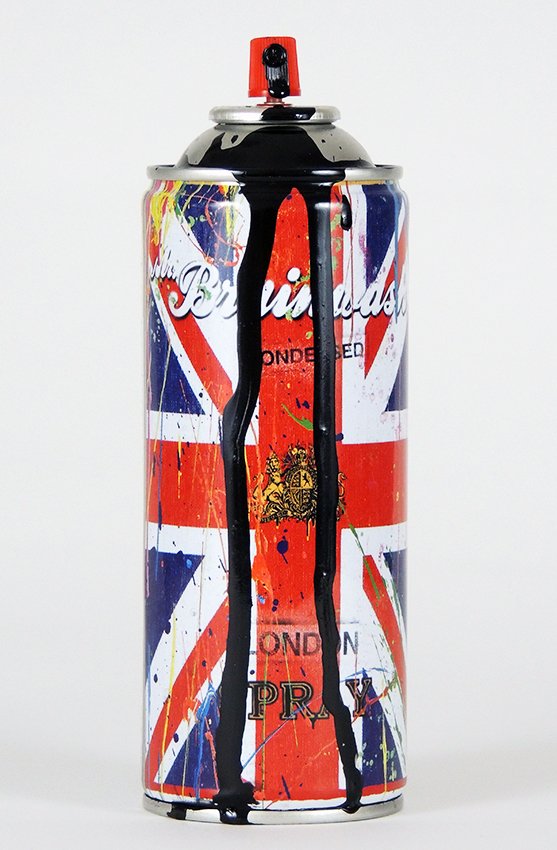 Mr. Brainwash, condensed London spray: Mr. Brainwash, condensed London spray with small dents The artist painted on this spray bottle some extra paint. height: 7.6 inch diameter: 2.6 inch Thierry Guetta, artist name Mr. Brainwash was born 