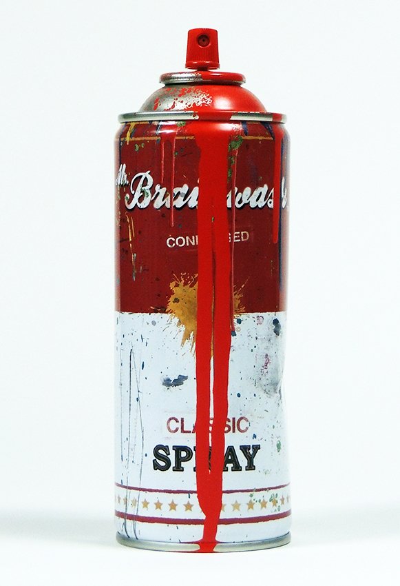 Mr. Brainwash, classic spray: Mr. Brainwash classic spray with dents signed with black paint stick with thump print on the bottom side The artist painted on every spray bottle some extra paint, so that every bottle is unique, even