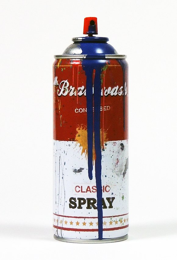 Mr. Brainwash, classic spray: Mr. Brainwash classic spray with dents signed with black paint stick with thump print on the bottom side The artist painted on every spray bottle some extra paint, so that every bottle is unique, even