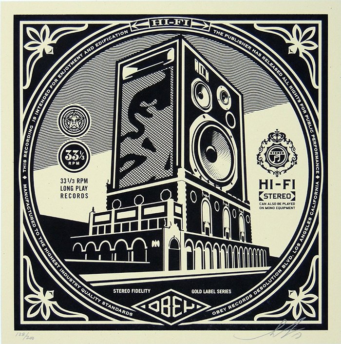 Shepard Fairey, Stereo Hi-Fidelity, screen print,: Shepard Fairey Stereo Hi-Fidelity Screeprint signed size: 12" x 12" --- Shepard Fairey Stereo Hi-Fidelity Siebdruck signiert Größe: 30.48 x 30.48 cm
