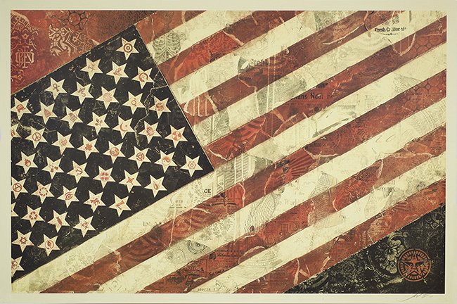 Fairey (OBEY), Flag1, lithography, signed: Shepard Fairey: Flag1 lithographic print, hand signed, dated, open edition with certificate of authenticity (COA) sheet size: 24 x 36 inch "After receiving many requests for the MAY DA