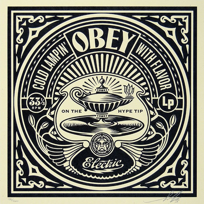 Fairey (OBEY), COLD LAMPIN', screenprint, signed: Shepard Fairey - Obey: COLD LAMPIN' Serigraph/Screen Print on: French Paper Co.Speckeltone Paper hand signed by Shepard Fairey, dated "14", numbered 138/200 Sheet-size 30,5x30,5cm; Print-siz