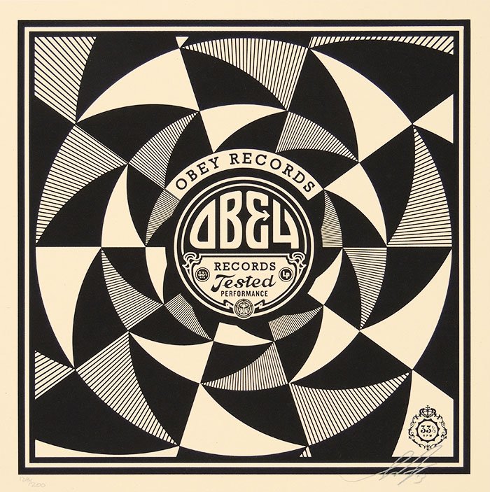 Fairey (OBEY), TESTED, screenprint, signed: Shepard Fairey - Obey: TESTED PERFORMANCE Serigraph/Screen Print on: French Paper Co.Speckeltone Paper hand signed by Shepard Fairey, dated "14", numbered 138/200 Sheet-size 30,5x30,5cm; Pri