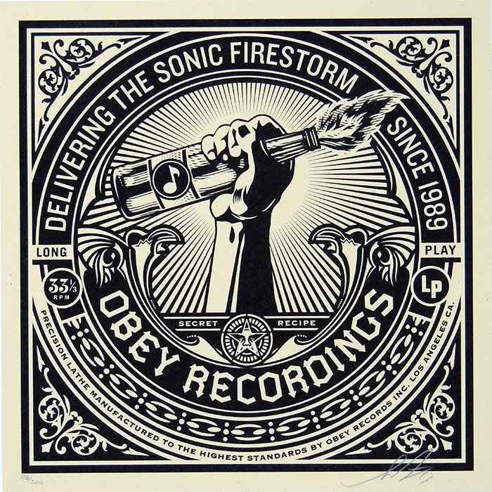 Fairey (OBEY), SONIC FIRESTORM, screenprint, signed: Shepard Fairey - Obey: SONIC FIRESTORM Serigraph/Screen Print on: French Paper Co.Speckeltone Paper hand signed by Shepard Fairey, dated "14", numbered 138/200 Sheet-size 30,5x30,5cm; Print-