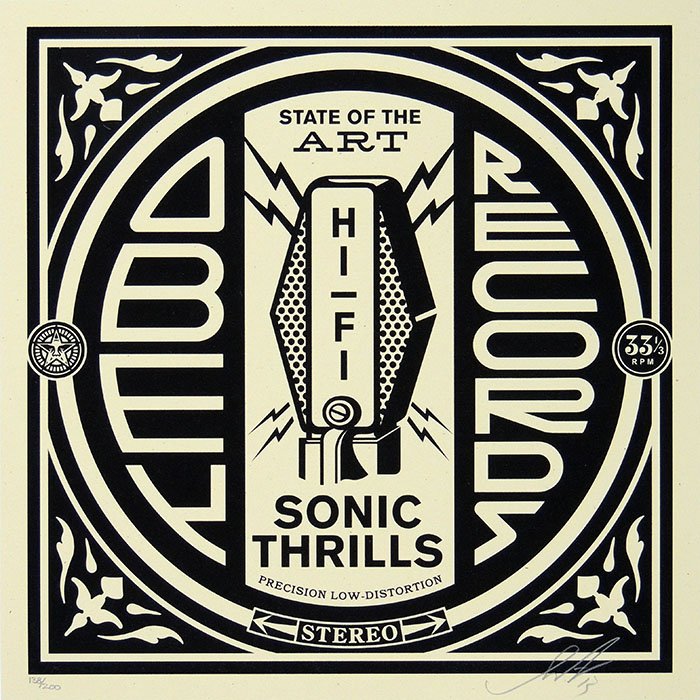Fairey (OBEY), SONIC THRILLS, screenprint, signed: Shepard Fairey - Obey: SONIC THRILLS Serigraph/Screen Print on: French Paper Co.Speckeltone Paper hand signed by Shepard Fairey, dated "14", numbered 138/200 Sheet-size 30,5x30,5cm; Print-si