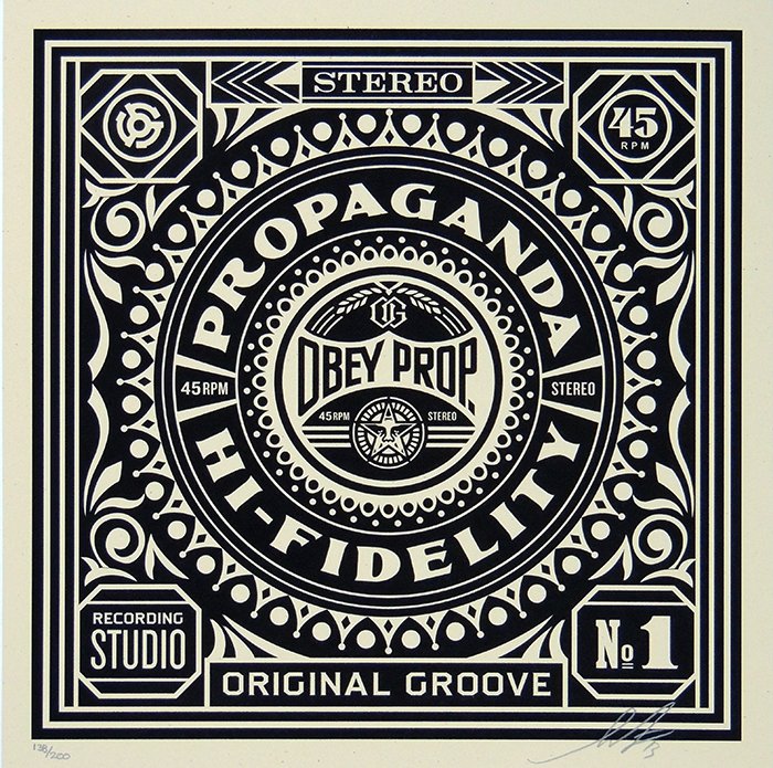 Fairey (OBEY), ORIGINAL GROOVE, screenprint, signed: Shepard Fairey - Obey: ORIGINAL GROOVE Serigraph/Screen Print on: French Paper Co.Speckeltone Paper hand signed by Shepard Fairey, dated "14", numbered 138/200 Sheet-size 30,5x30,5cm; Print-