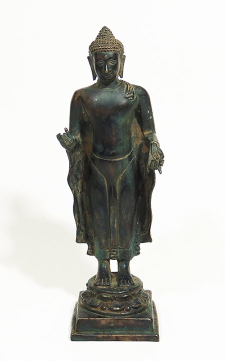 lotus and moon disk standing Buddha, Cambodia 19 th: rare, on lotus and moon disk standing Buddha Cambodia bronze 19th century such Buddha figures are very rare, because the export is forbidden by death penalty height 11.02 inch, depth 3.15 inch