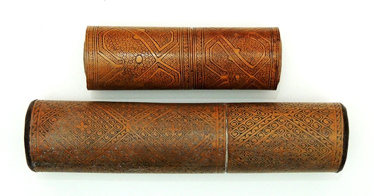 Bamboo Lime Container, Dayak people Borneo: Bamboo Lime Container Dayak people Borneo Indonesia (Borneos Headhunter tribes) Showing incised designs and patina of use Bamboo lime containers for use in betlenut chewing Size: 6.49 x 1.88 Inches <