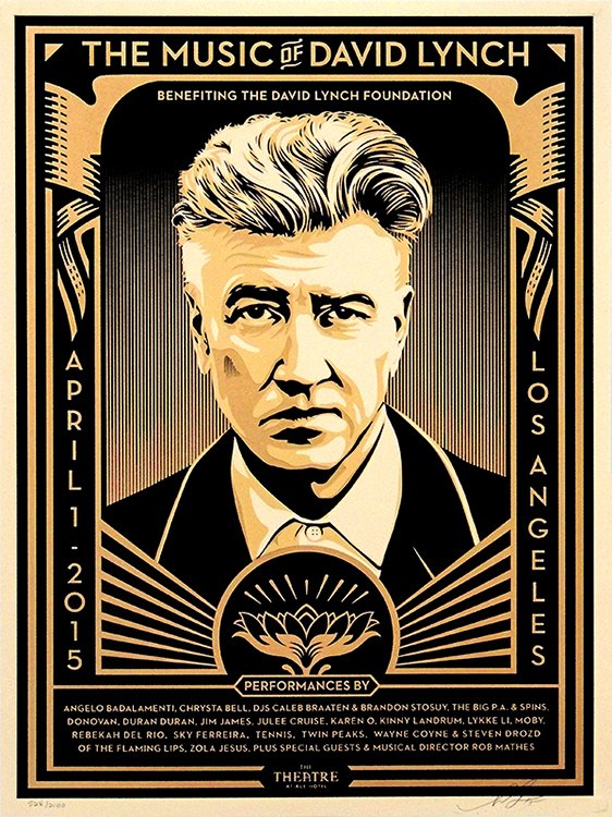 Shepard Fairey, Obey, THE MUSIC OF DAVID LYNCH,: Shepard Fairey / Obey: THE MUSIC OF DAVID LYNCH Screenprint on speckelton paper Signed Numbered 528/2100 Dated '15 Sheet size: 18 x 24 Inches Frank Shepard Fairey, born Febr