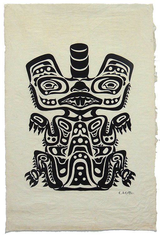 Charles G. Greul, Silkscreen on rice paper, 1948, Haida: Charles G. Greul Silkscreen on rice paper, 1948 Charles G. Greul (born 1923) is a Canadian printmaker who produced images in the Northwest Coast First Nations art style. His most popular work was a se