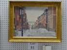 Robert E Moore (1956-2003) oil on canvas: Oil painting of a winter street scene signed and dated 1983 in gilt frame. 20 1/2" x 26 1/2".