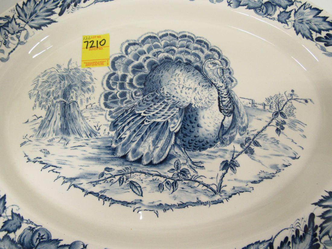 TURKEY PLATTER: ROYAL STAFFORDSHIRE TURKEY PLATTER BY CLARICE CLIFF, ENGLAND. BLUE AND WHITE PORCELAIN. 20 1/2" X16"
