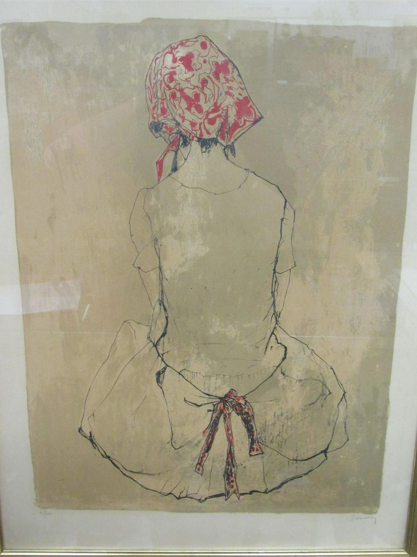 JEAN LEON JANSEN LITHO: LITHOGRAPH OF A WOMAN FACING AWAY WITH A RED KERCHIEF. SIGNED AND NUMBERED 21/120 IN PENCIL. GILT FRAME. 31 1/2" X 25"