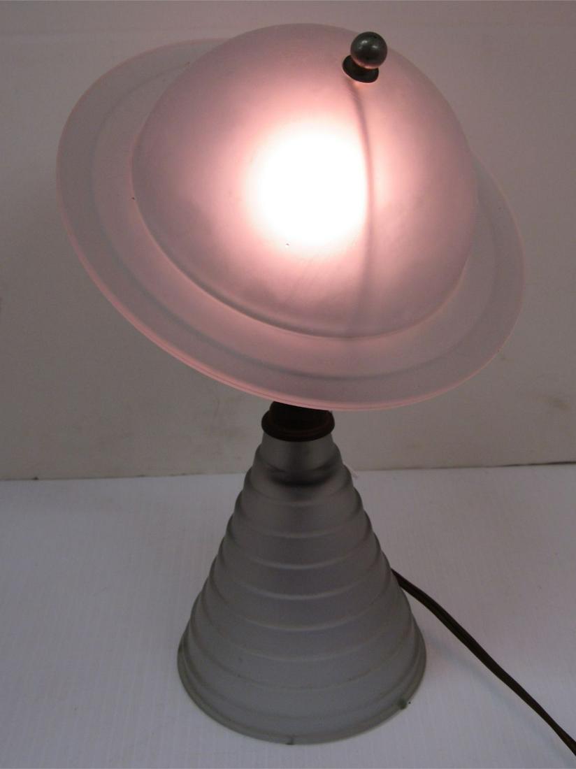 SATURN TABLE LAMP: FROSTED GLASS SATURN TABLE LAMP. ART DECO 1939 WORLD'S FAIR "THE PLANETARY LAMP". MADE BY THE HOUZE GLASS COMPANY. 12" TALL X 7 1/2" ROUND