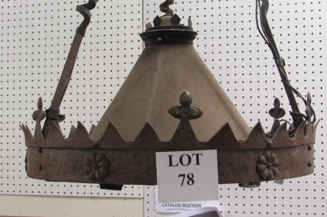 Lighting: Hanging Gothic / medievel influence 7 lamp light fixture. Three turned cast iron arms and decorated copper surround. Pick up only. We will not ship. 24" round x 38" tall.