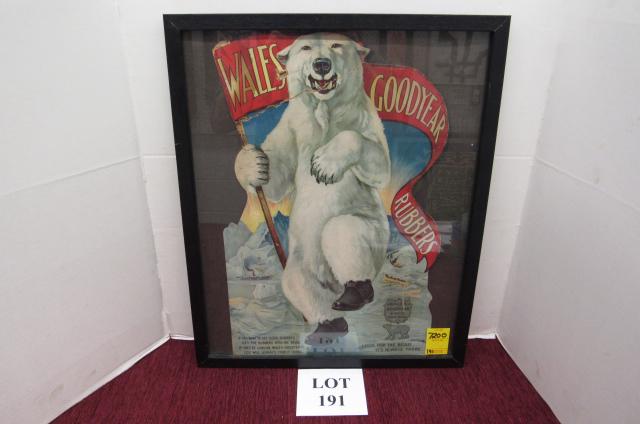 Advertising: Advertising for Wales Goodyear Rubbers. An advertisement for rubber boots. *Note- tear by the mouth of the polar bear that goes to the left outside edge. A hole by Wales. Other losses and cracks in th