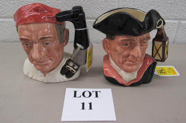 (2) Williamsburg Royal Doulton Toby Mugs: (2) Williamsburg Royal Doulton Toby Mugs including: Bootmaker D6572 and Night Watchman D6569, Largest Measures (7-1/4" w x 7-1/4" h x 4-1/2" d), No Noticeable Issues