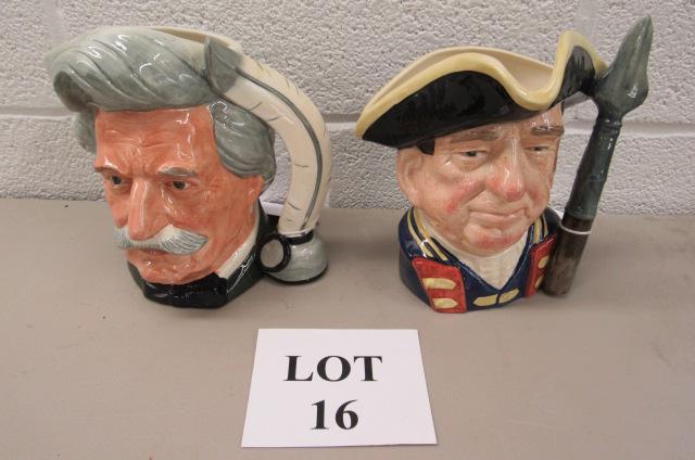 (2) Royal Doulton Toby Mugs: (2) Royal Doulton Toby Mugs including: Guardsman D6568 and Mark Twain D6654, Largest Measures (7" w x 7-1/2" h x 6-1/2" d), No Noticeable Issues