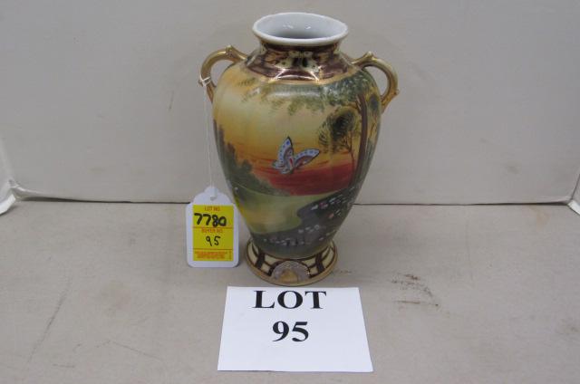 Nippon Vase with Butterflies: Nippon Vase with Landscape Decoration and Multiple Butterflies, Blue Imperial Mark, No 10, Measures 6-1/2" w x 8=-1/2" h), Wear on Rim and Handles