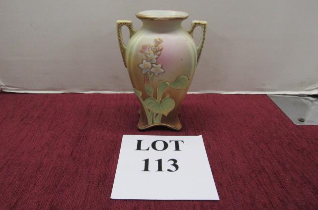 Nippon Miniature Vase: Nippon Miniature Vase with Simple Floral Pattern on Both Sides, Faded Green Mark, Measures 4-1/2" w x 6-1/4" h, Some Gold Loss on Top Rim