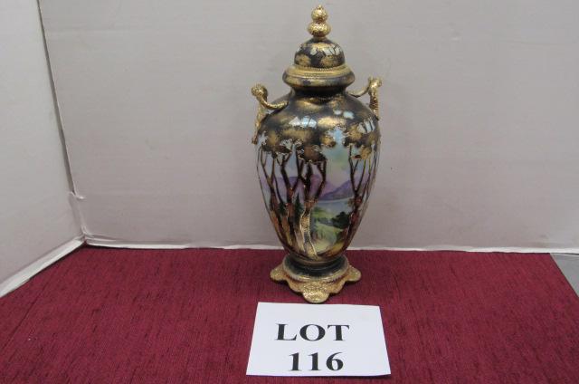 Nippon Black Lidded Vase: Nippon Black Lidded Vase with Scenic Forrest Scene and Ornate Branch Handles, Blue Leaf Mark, No 40, Measures 4-1/2" w x 10-1/2" h, No Issues Noted