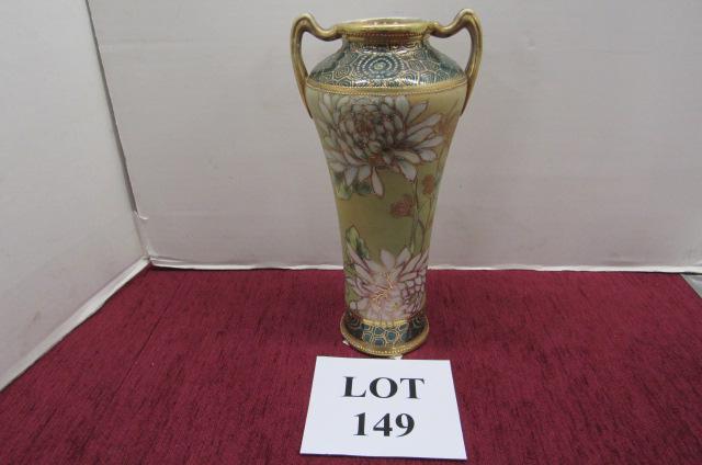 Floral Green Nippon Vase: Gold Outlined Floral Green Nippon Vase, Blue Leaf Mark, Measures 5-1/4" w x 10" h, Wear on Rim and Handles