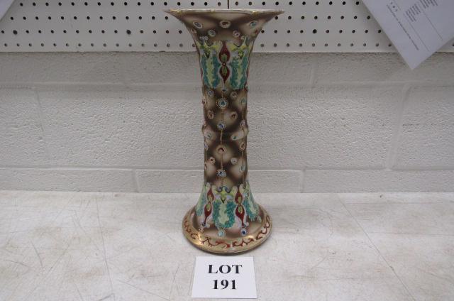 Jeweled Hand Painted Vase: Large Jeweled Hand Painted Nippon Tall Vase, Partial Blue Hand Painted Leaf Mark, Measures 7-1/2" dia x 16-3/4" h, Some Gold Loss on Top and Bottom