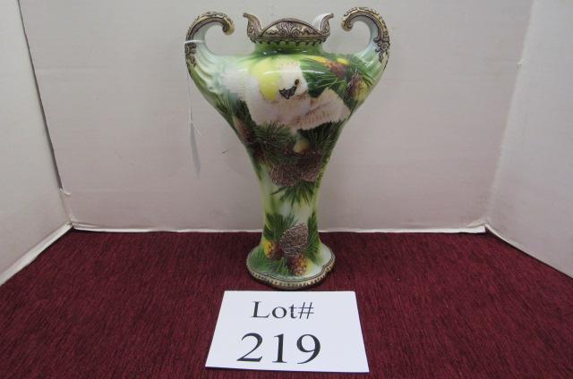 Nippon Vase with Cockatoo: Hand Painted Nippon Muscle Vase with Cockatoo and Three Dimensional Pine Cones, Blue Leaf Mark, Measures 8-1/2" l x 5-1/2" w x 11-3/4" h, Flea Bite on Handle