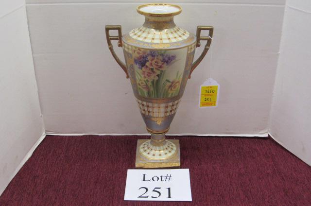 Nippon Urn with Floral Bouquets: Exceptional Bolted Nippon Urn with Floral Bouquets, Green Wreath M Mark, Measures 9" w x 14" h, Touch up on Handles