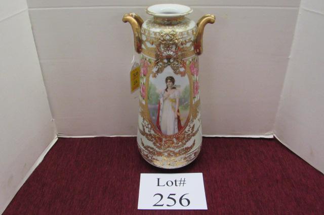Tall Nippon Portrait Vase with Heavy Gold Overlay: Tall Nippon Portrait Vase with Heavy Gold Overlay and Pink Floral Decoration, Blue Leaf Mark, Measures 6" dia x 14-1/4" h, Some Gold Wear on Rim and Handles, Hairline on Rim