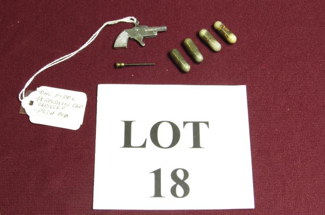 Miniature Pinfire Pistol Gun Japanese: Miniature Pinfire Pistol Gun with Chromed Fittings and Marked Japan, Pistol Push Rod, Percussion Cap Capsule, Measures 1-1/2" l x 1" h, No Issues Noted