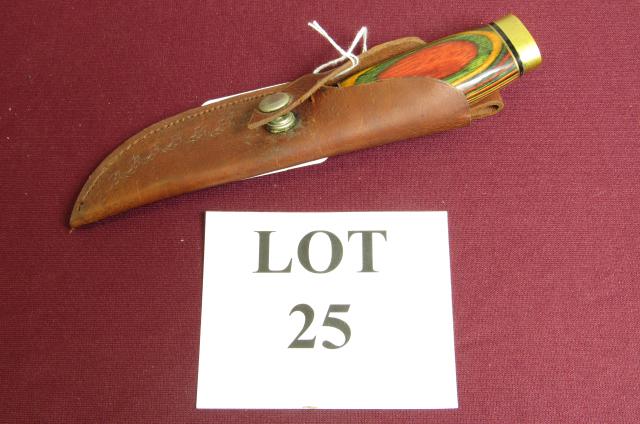 Hunting Knife with Multi Colored Wood Handle: Hunting Knife with Multi Colored Wood Handle and Brass Cap with Leather Sheath, Knife Measures 8-1/4" l, Needs Cleaning