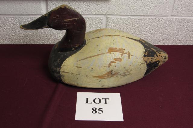 Wood Duck Decoy with Red Head and Glass Eyes: White Wood Duck Decoy with Red Head and Glass Eyes, Etched Els, Measures 17" l x 8" w x 8-3/4", Split on Back and Paint Loss