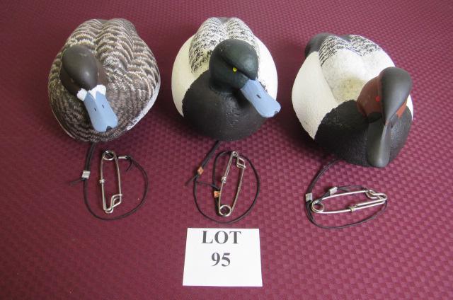 (3) Painted Wood Fresh Water Hunting Duck Decoys: (3) Painted Fresh Water Hunting Duck Decoys with Cork Bodies and Wood Head Etched William J. Ells II, Measures Largest 15" l x 8" w x 8" h