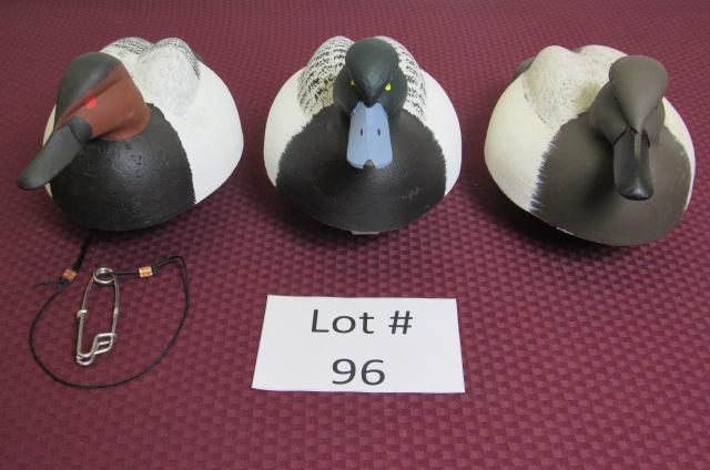 (3) Painted Wood Fresh Water Hunting Duck Decoys: (3) Painted Fresh Water Hunting Duck Decoys with Cork Bodies and Wood Head Etched William J. Ells II, Measures Largest 15" l x 8" w x 8" h