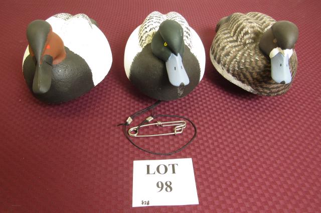 (3) Painted Wood Fresh Water Hunting Duck Decoys: (3) Painted Fresh Water Hunting Duck Decoys with Cork Bodies and Wood Head Etched William J. Ells II, Measures Largest 15" l x 8" w x 8" h