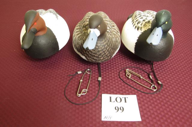 (3) Painted Wood Fresh Water Hunting Duck Decoys: (3) Painted Fresh Water Hunting Duck Decoys with Cork Bodies and Wood Head Etched William J. Ells II, Measures Largest 15" l x 8" w x 8" h