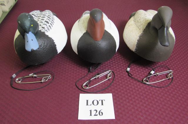 (3) Painted Wood Fresh Water Hunting Duck Decoys: (3) Painted Fresh Water Hunting Duck Decoys with Cork Bodies and Wood Head Etched William J. Ells II, Measures Largest 15" l x 8" w x 8" h