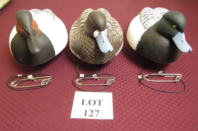 (3) Painted Wood Fresh Water Hunting Duck Decoys: (3) Painted Fresh Water Hunting Duck Decoys with Cork Bodies and Wood Head Etched William J. Ells II, Measures Largest 15" l x 8" w x 8" h