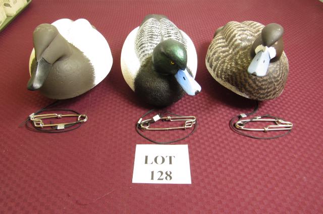 (3) Painted Wood Fresh Water Hunting Duck Decoys: (3) Painted Fresh Water Hunting Duck Decoys with Cork Bodies and Wood Head Etched William J. Ells II, Measures Largest 15" l x 8" w x 8" h