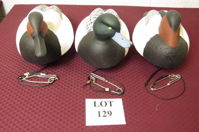 (3) Painted Wood Fresh Water Hunting Duck Decoys: (3) Painted Fresh Water Hunting Duck Decoys with Cork Bodies and Wood Head Etched William J. Ells II, Measures Largest 15" l x 8" w x 8" h