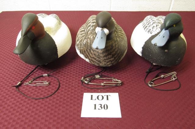 (3) Painted Wood Fresh Water Hunting Duck Decoys: (3) Painted Fresh Water Hunting Duck Decoys with Cork Bodies and Wood Head Etched William J. Ells II, Measures Largest 15" l x 8" w x 8" h