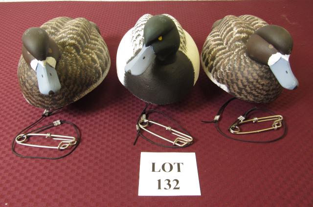 (3) Painted Wood Fresh Water Hunting Duck Decoys: (3) Painted Fresh Water Hunting Duck Decoys with Cork Bodies and Wood Head Etched William J. Ells II, Measures Largest 15" l x 8" w x 8" h