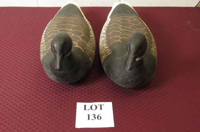 (2) Taylor Ogdensburg, NY, Duck Decoys: (2) Taylor Ogdensburg, NY, Duck Decoys with Cork Body and Full Black Head with Glass Eyes,, Measures 20" l x 8" w x 9" h, One Has Damage on Tail