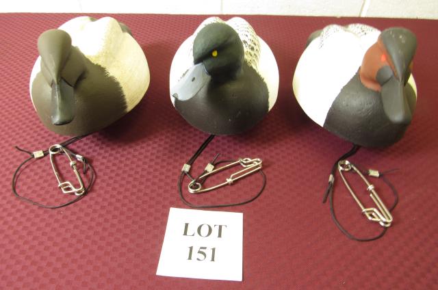 (3) Painted Wood Fresh Water Hunting Duck Decoys: (3) Painted Fresh Water Hunting Duck Decoys with Cork Bodies and Wood Head Etched William J. Ells II, Measures Largest 15" l x 8" w x 8" h